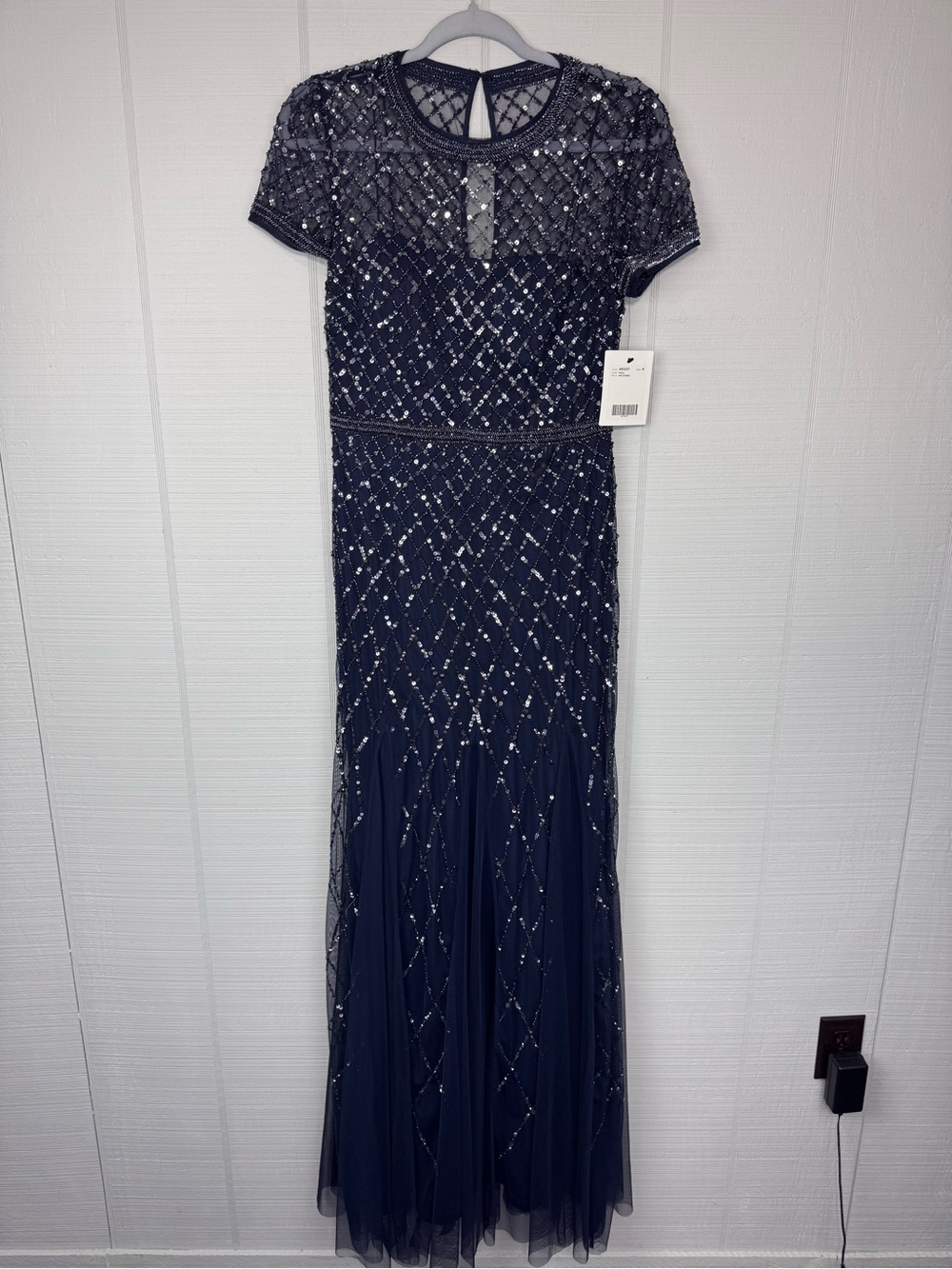 NWT Adrianna Papell Navy Sequin Beaded Mesh Maxi Gown Dress Formal MOB MOG